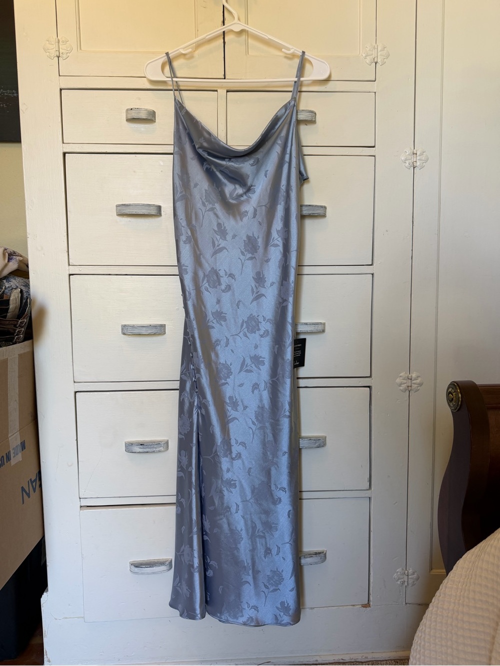 Lulu's Silver-Blue Floral Satin Slip Dress